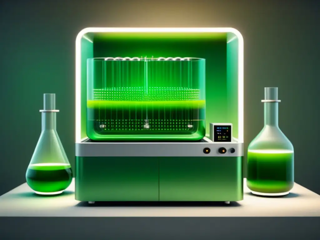 Un laboratorio moderno con un biorreactor lleno de líquido verde y biocatalizadores, mostrando los beneficios de biocatalizadores en industria