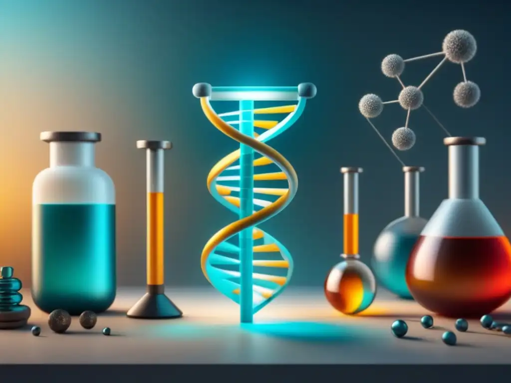 Un laboratorio moderno con una doble hélice de ADN y una balanza entre herramientas científicas y símbolos éticos