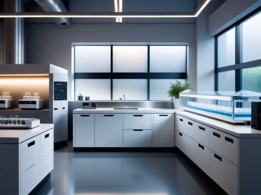 Un laboratorio moderno con equipos de biotecnología, iluminado por luz natural