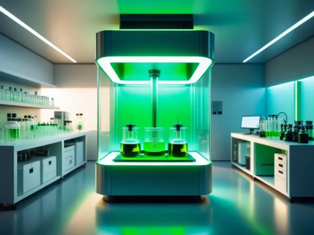Un laboratorio moderno con un gran biorreactor brillante en el centro, lleno de líquido verde y moléculas de biocatalizadores