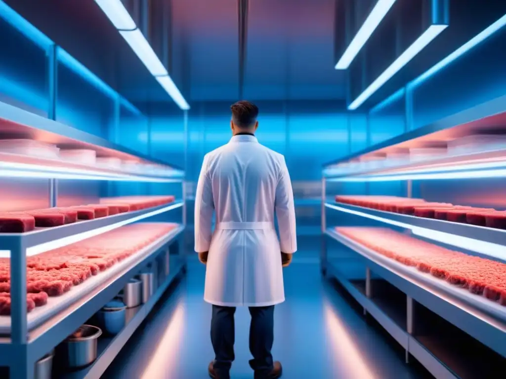 Un laboratorio moderno iluminado con luz azul, mostrando tecnología futurista para la producción de Carne cultivada en laboratorio sostenible