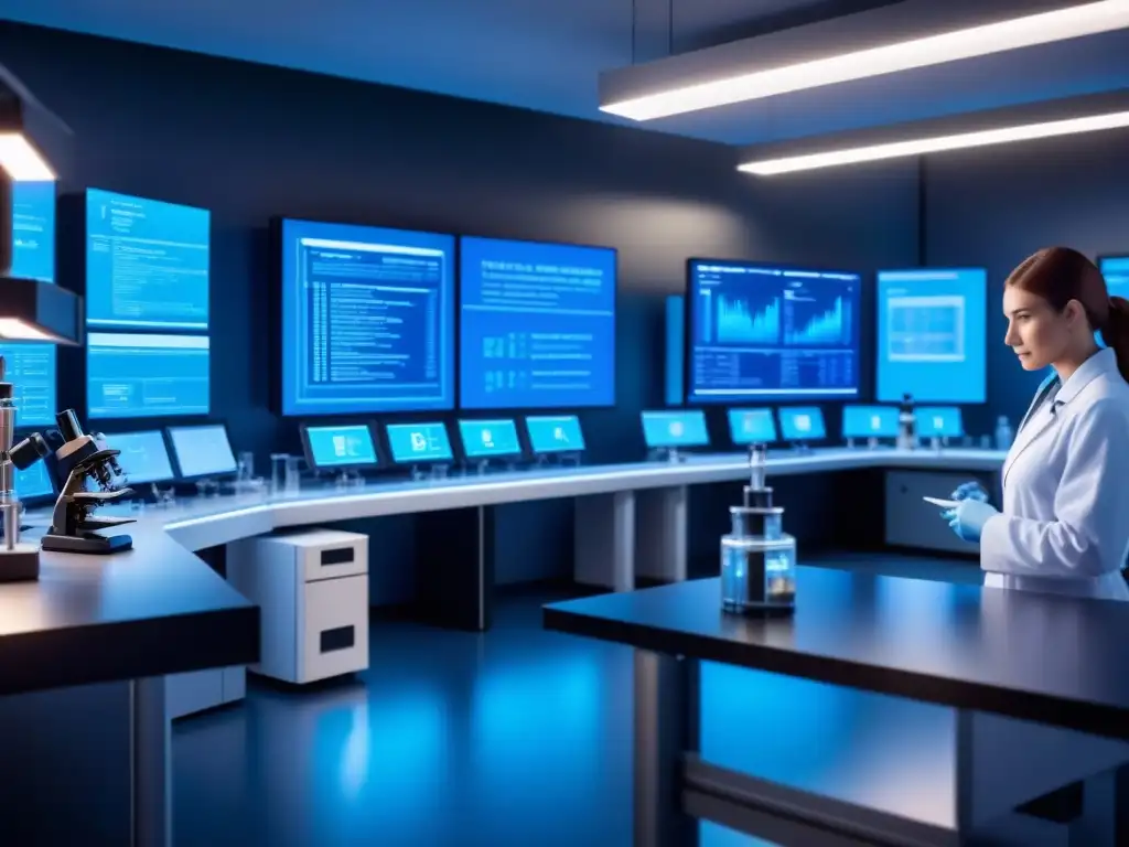 Un laboratorio moderno y sofisticado con tecnología biotecnológica avanzada, iluminado por una suave luz azul