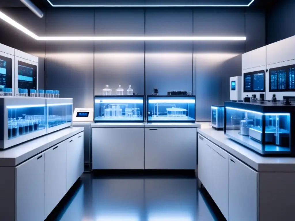 Un laboratorio moderno con tecnologías de secuenciación en bioprocesamiento, iluminado por una suave luz blanca