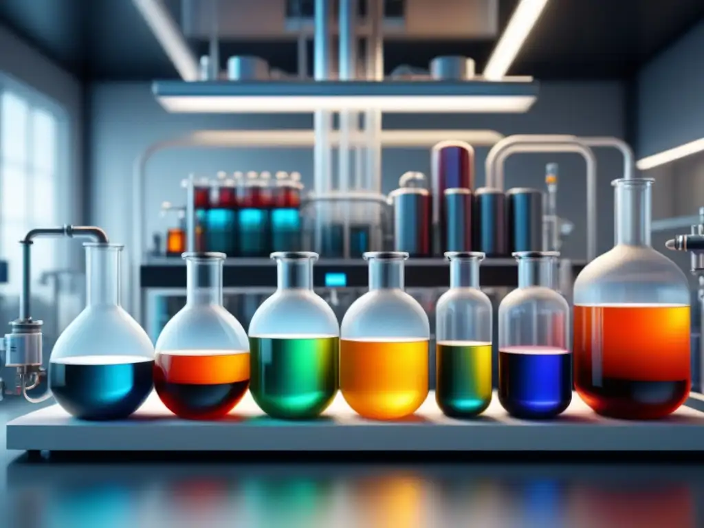 Bioreactores Futuristas en Laboratorio Químico Un laboratorio químico moderno con bioreactores sofisticados llenos de líquidos burbujeantes, conectados por tuberías