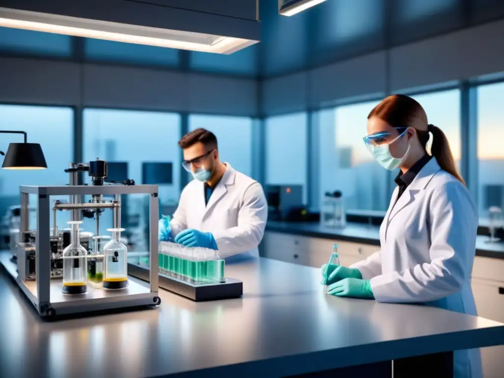 Un laboratorio químico moderno con bioreactores de vanguardia y científicos colaborando