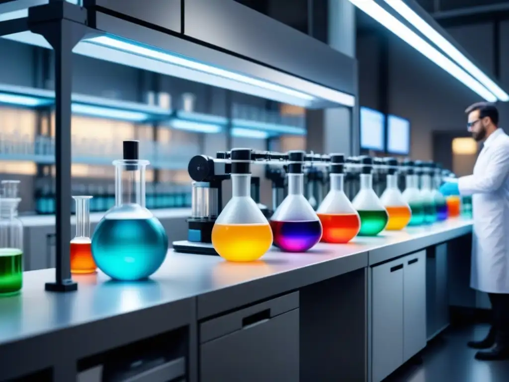 Un laboratorio de síntesis química moderno con automatización precisa y coloridos líquidos bajo luces brillantes