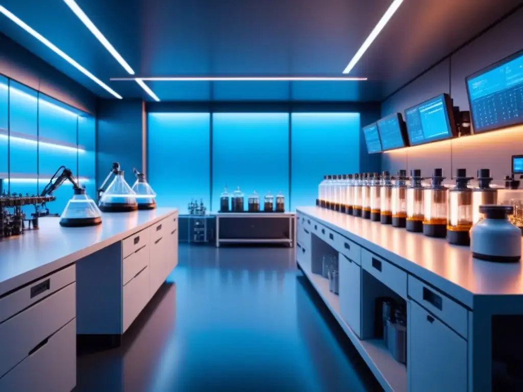 Laboratorio de síntesis química con innovación en automatización, equipo moderno y elegante en azul futurista