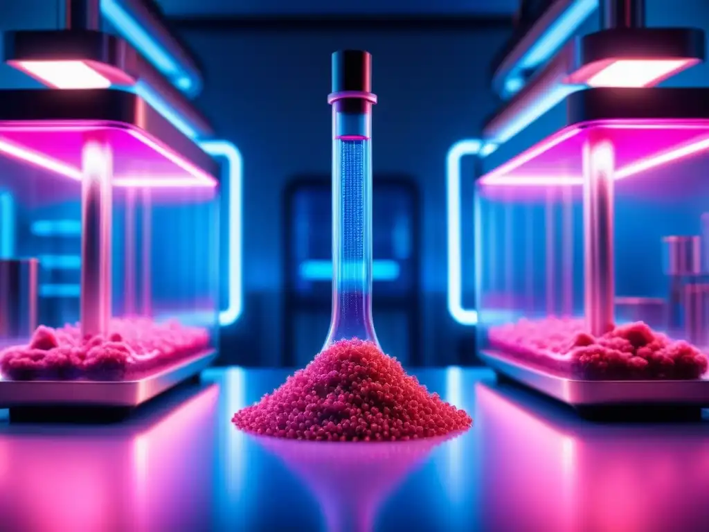 Laboratorio sostenible con carne cultivada en bioreactor bajo luces LED rosadas y azules