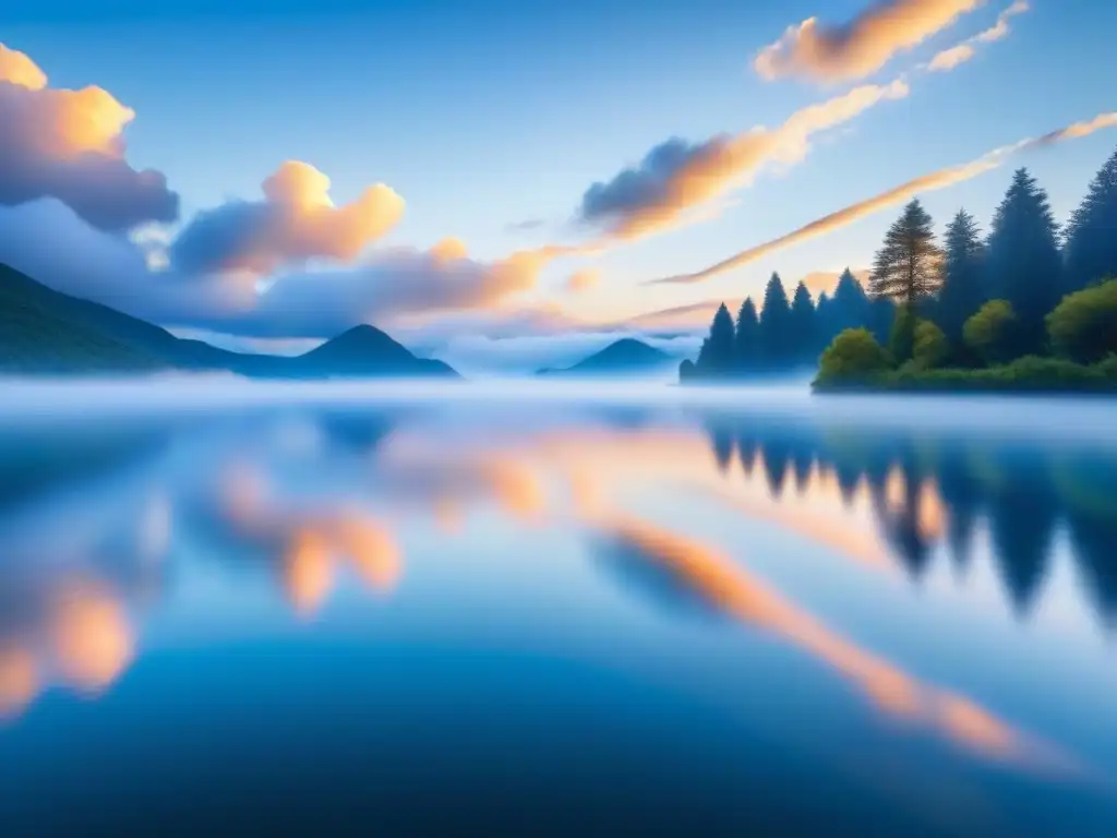 Un lago cristalino reflejando un cielo azul vibrante con nubes, destacando la pureza del agua