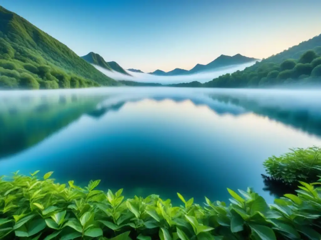 Un lago cristalino reflejando la exuberante vegetación bajo un cielo azul, ejemplificando la gestión sostenible del agua en la naturaleza