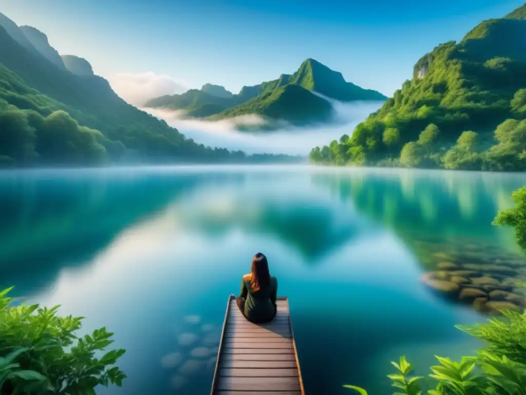 Un lago cristalino rodeado de exuberante vegetación, reflejando el cielo azul, transmite serenidad y sostenibilidad