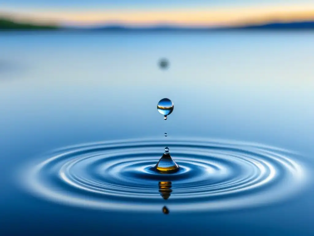 Un lago sereno reflejando el cielo azul, con una gota creando ondas