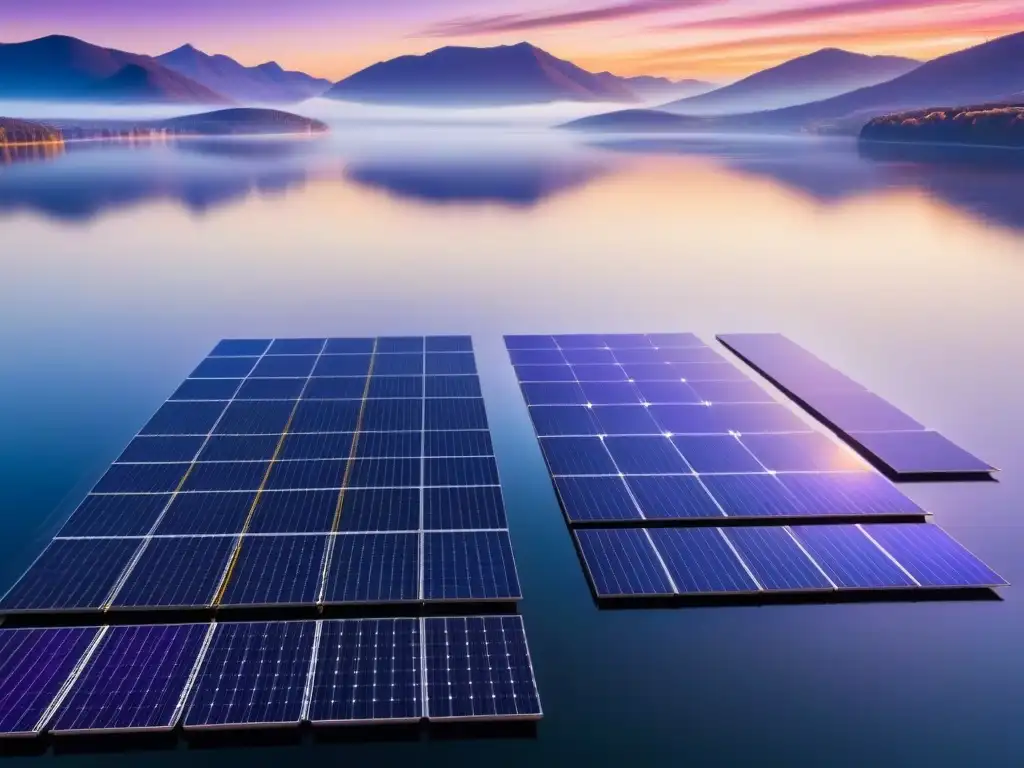 Un lago sereno con paneles solares flotantes eficientes bajo el resplandor dorado del atardecer, creando una escena de paz y armonía