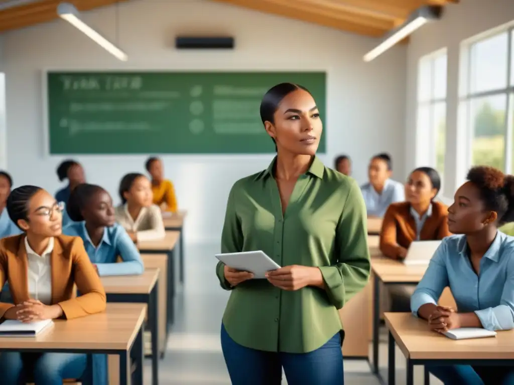 Formación de líderes verdes en energías renovables: alumnos atentos aprenden sobre energía sostenible en aula moderna y luminosa