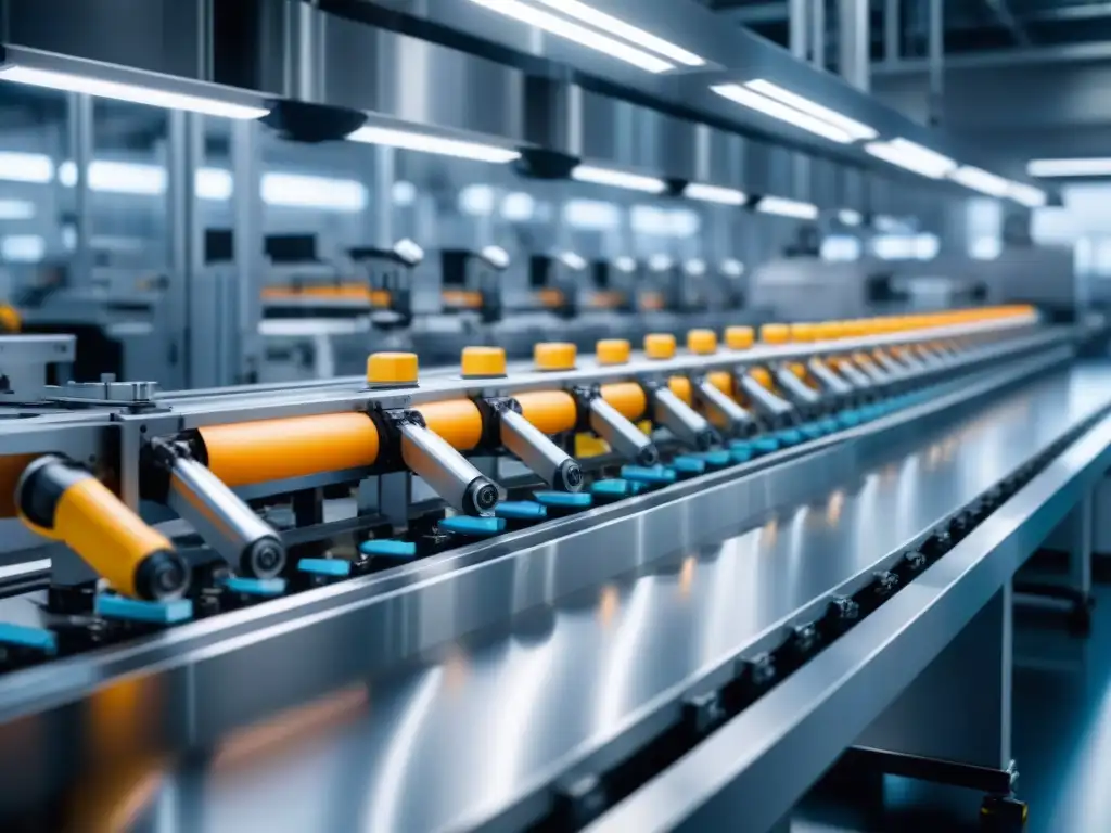 Una línea de producción de alimentos de alta tecnología, con robots ensamblando y empaquetando productos con precisión
