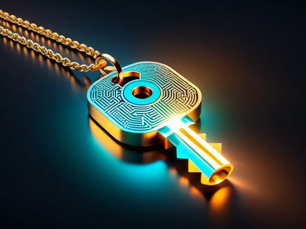 Una llave de cifrado cuántico brillante y elegante, con patrones intrincados, en un fondo oscuro