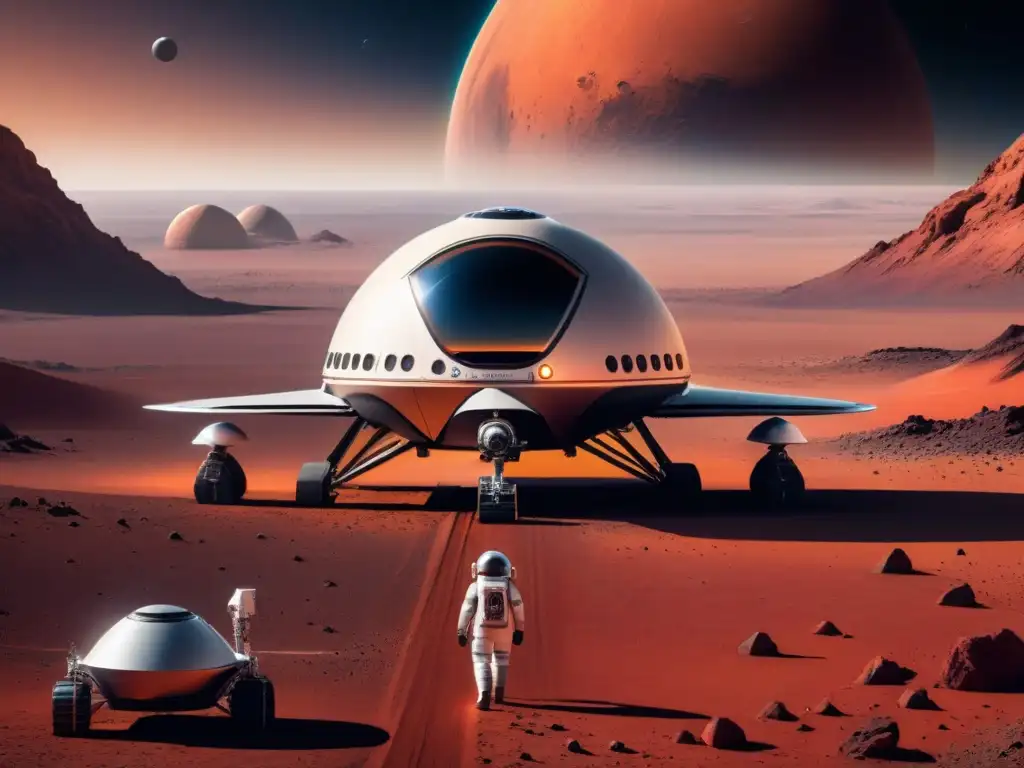 Logística de misiones al planeta rojo: Nave espacial futurista en puerto espacial marciano