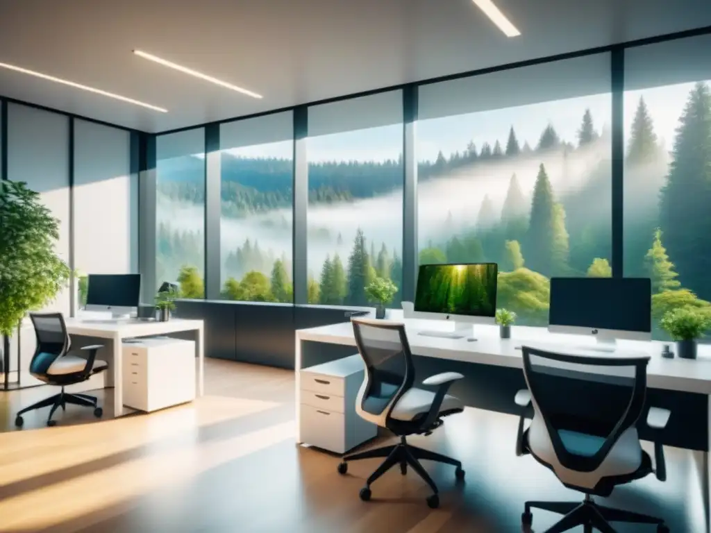 Luminosa oficina moderna con vista a un bosque verde, escritorios minimalistas y purificadores de aire