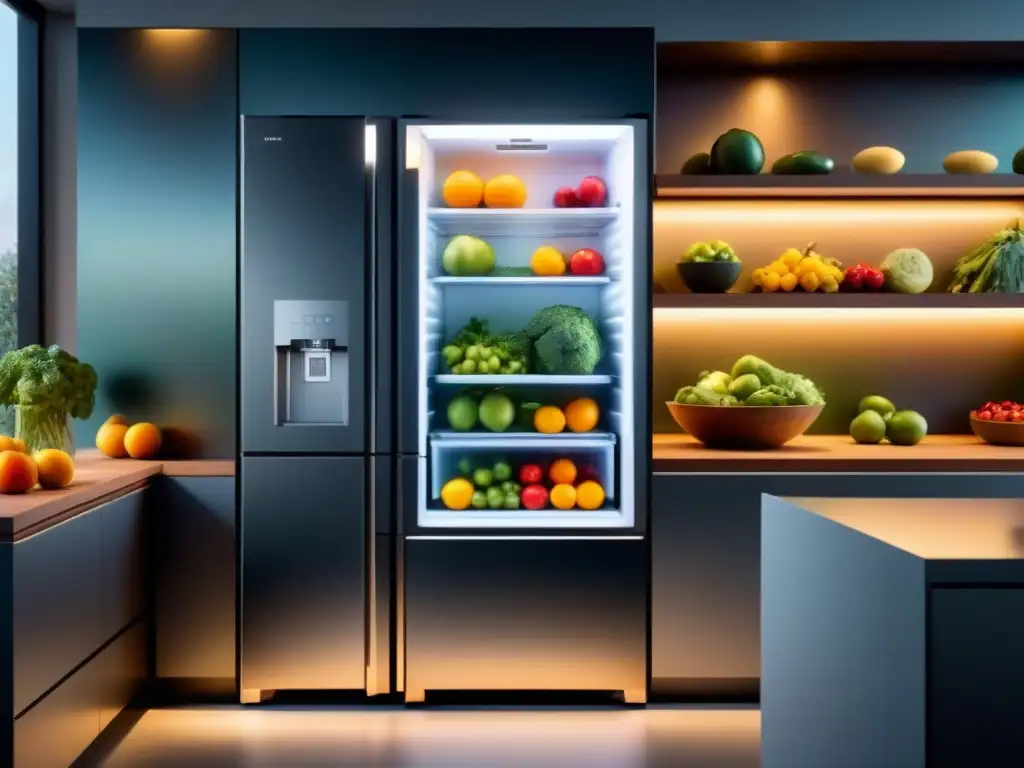 Refrigeración magnética para conservación alimentos en moderna cocina con diseño futurista y alimentos coloridos organizados en estantes transparentes