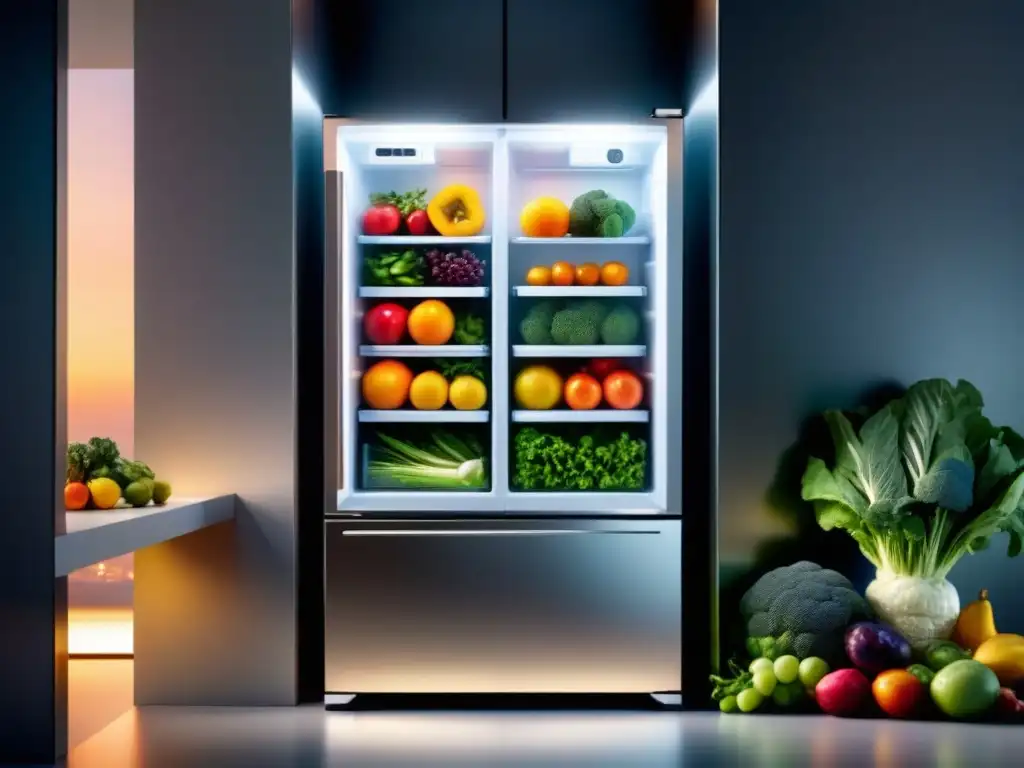 Refrigeración magnética para conservación de alimentos: Un refrigerador futurista con frutas y verduras frescas y coloridas en su interior