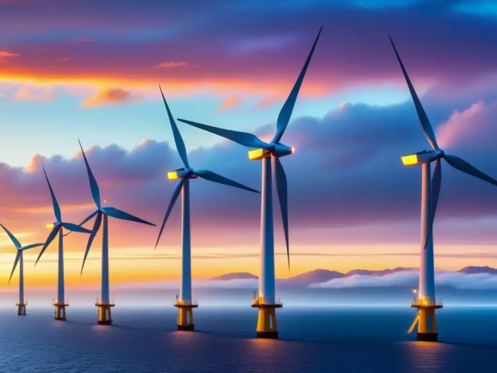 Un majestuoso parque eólico offshore al atardecer, con aerogeneradores que capturan la energía del viento sobre el mar tranquilo