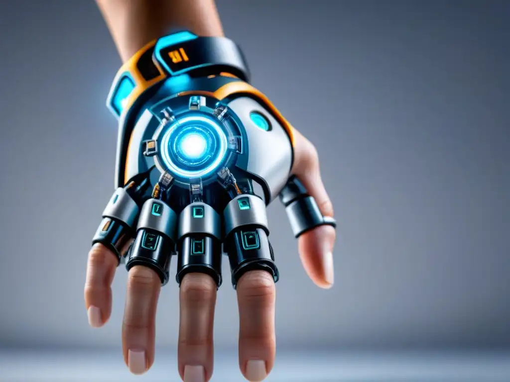 Mano biónica futurista: fusión tecnológica y orgánica Una mano biónica futurista y elegante integrando tecnología avanzada con la biología humana, en un fondo blanco minimalista