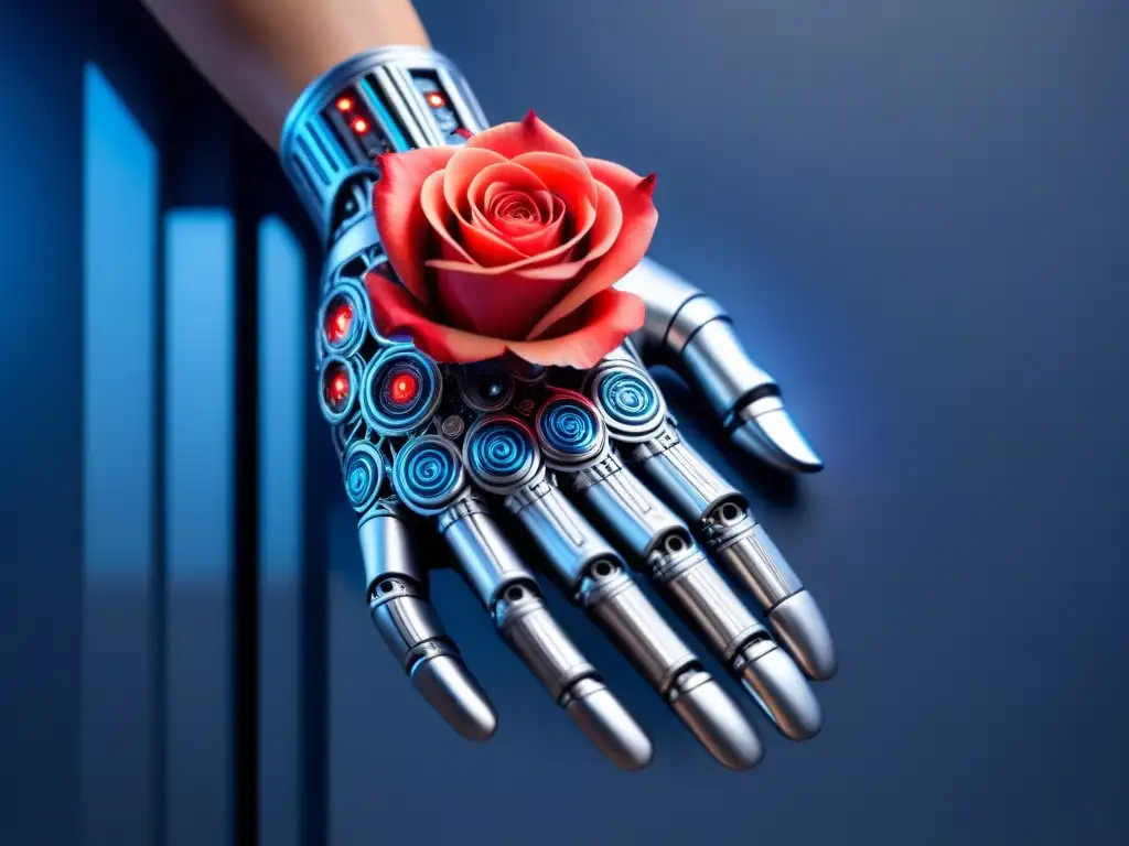 Biónica mano plateada con rosa roja: fusión tecnológica y natural Una mano biónica plateada sostiene una rosa roja, mostrando avances en prótesis biónicas