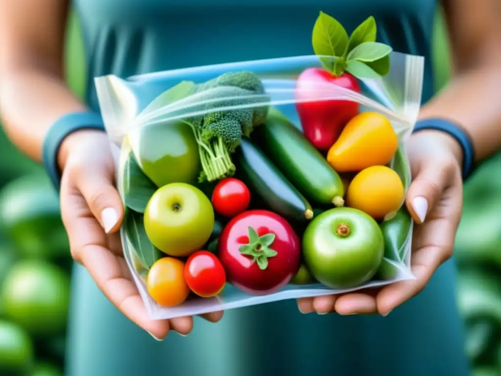 Mano sosteniendo empaque ecológico con frutas y verduras frescas