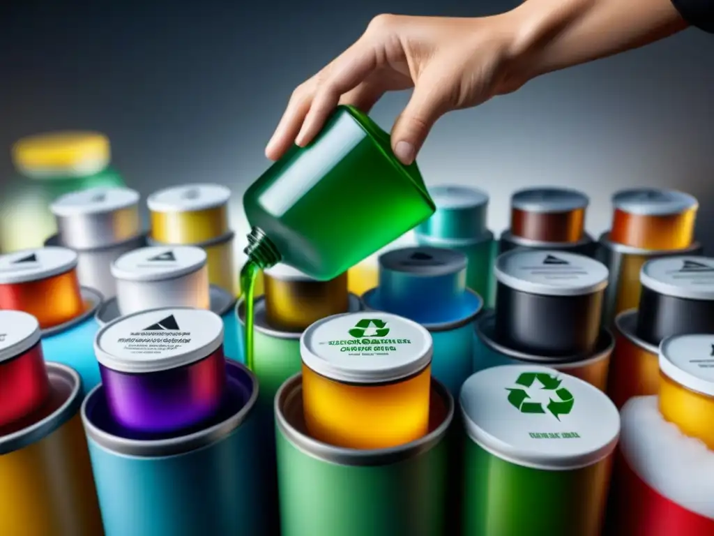 Reciclaje químico: precisión y responsabilidad Mano ordena envases químicos coloridos en estación de reciclaje moderna