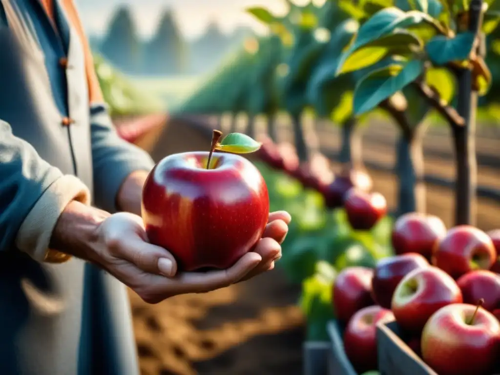 Mano de granjero sosteniendo manzana roja madura en un huerto soleado