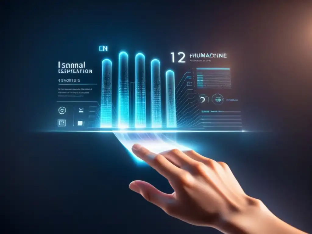 Mano humana futurista alcanza pantalla holográfica interactiva