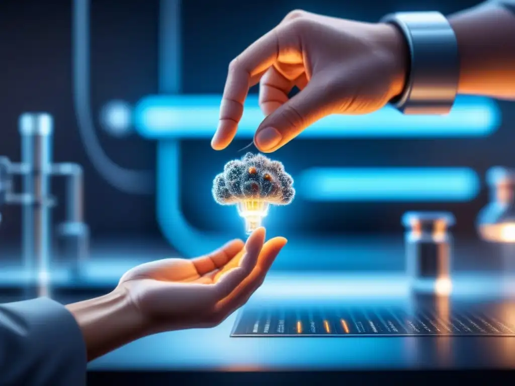 Una mano humana colabora con un nanorobot en un laboratorio futurista