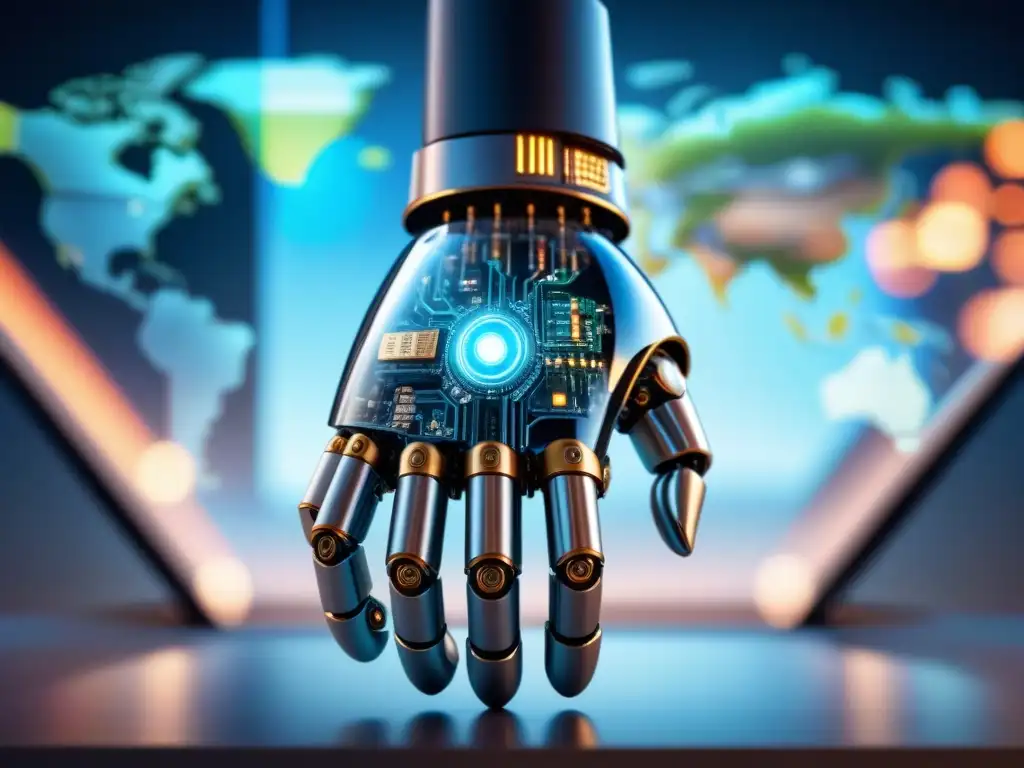 Mano de robot futurista sostiene cartera diversificada en fondo de mapamundi financiero, tecnología roboadvisors inversión bancaria democratización
