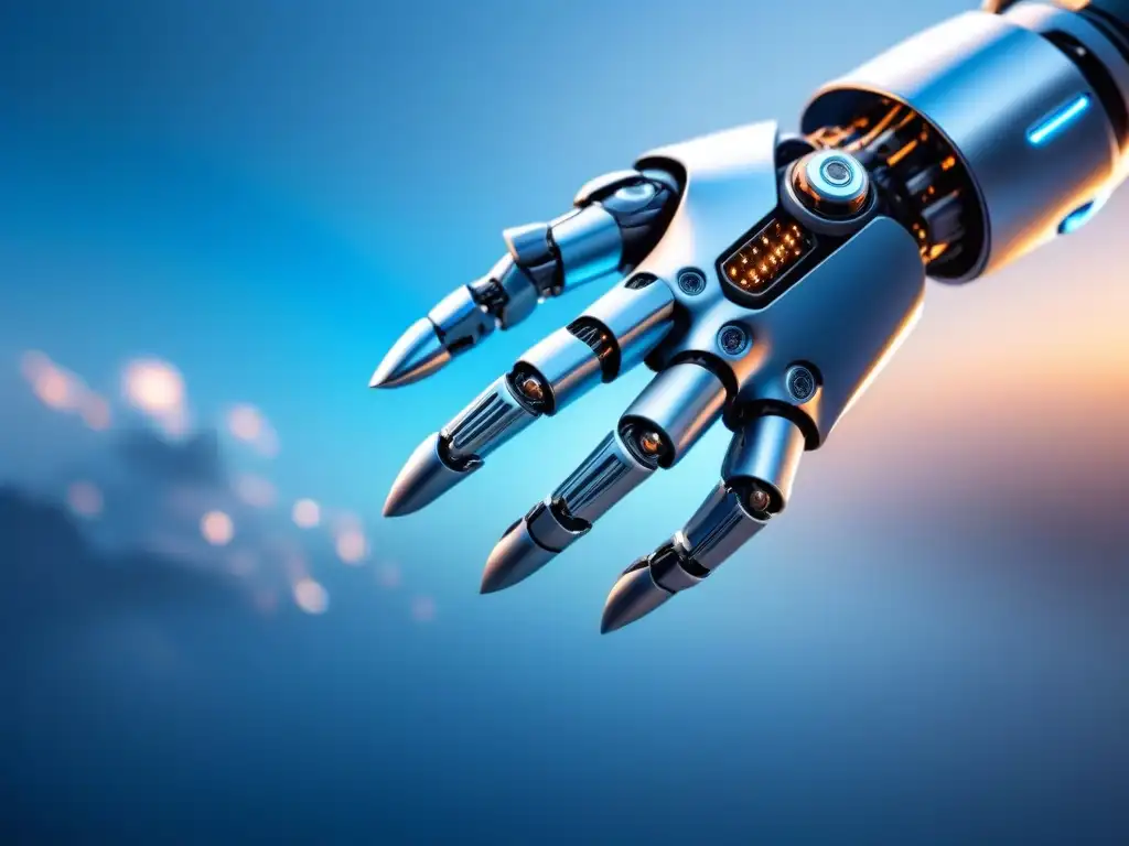 Mano robot futurista y mano humana casi tocándose, simbolizando la integración de voz humana y automatización