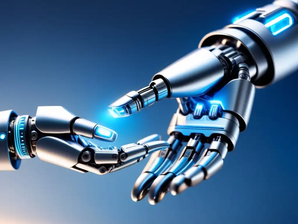 Alianza Futurista: Robot y Humano unidos en colaboración Una mano de robot plateada y futurista se extiende hacia una mano humana en gesto de colaboración, representando la armonía entre la inteligencia artificial y la toma de decisiones humanas en las aplicaciones de Inteligencia Artificial Empresarial