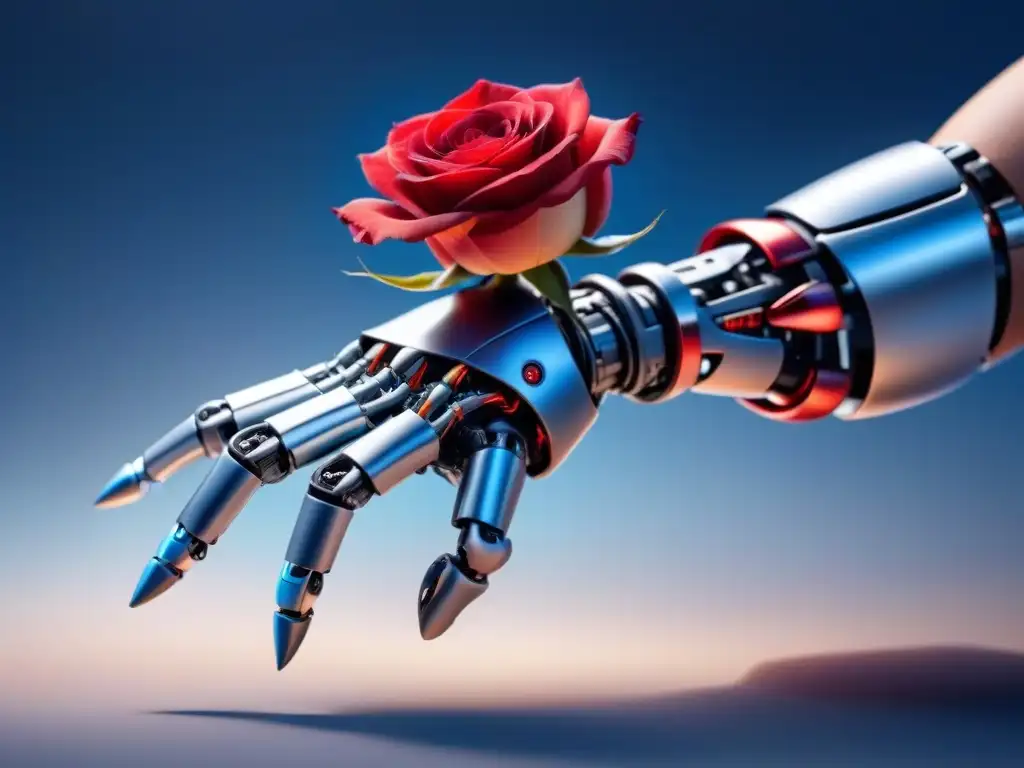 Una mano robótica futurista integrada con un brazo humano, sosteniendo una rosa roja, en un fondo azul y plateado