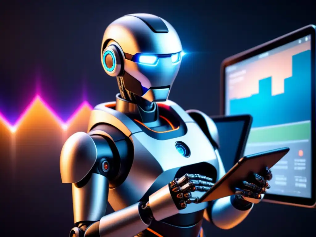 Mano robótica futurista con tablet de análisis de datos Mano robótica futurista sostiene tablet con gráficos de análisis, fondo tech