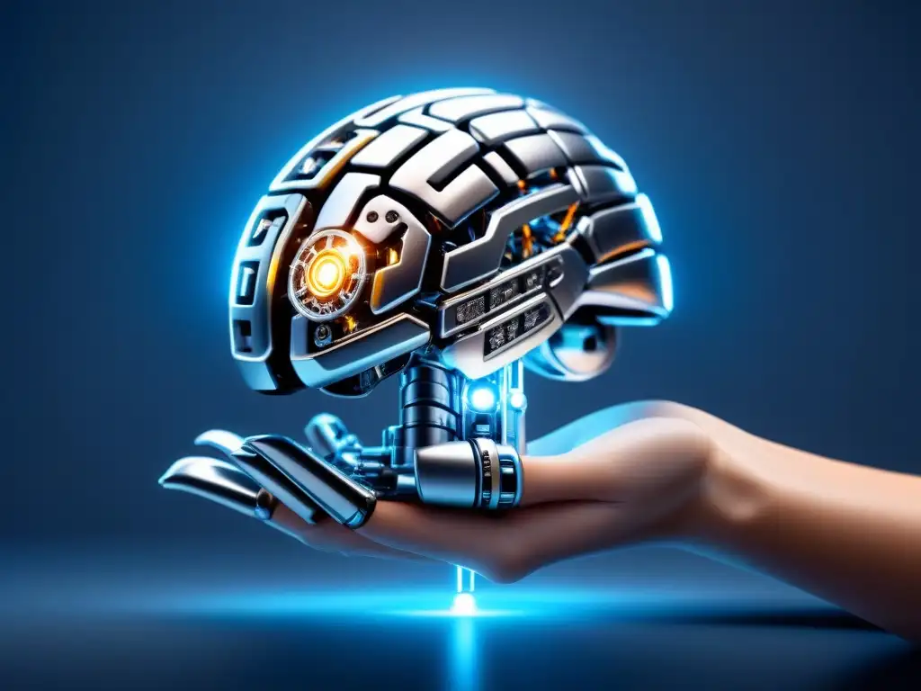 Integración AI: mano robótica plateada sostiene cerebro digital brillante Una mano robótica plateada sostiene delicadamente un cerebro digital brillante, fusionando la inteligencia artificial en gestión tecnológica