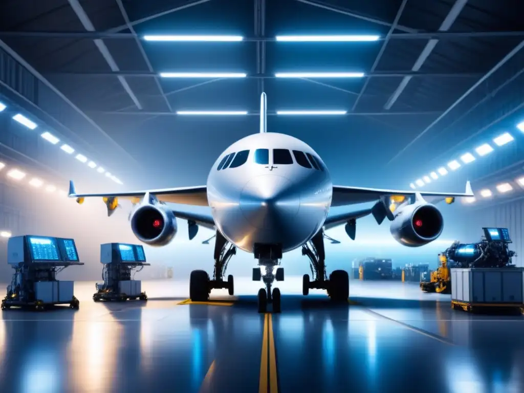 Innovación y precisión en mantenimiento aéreo con robots inteligentes en un hangar futurista iluminado por luces LED azules