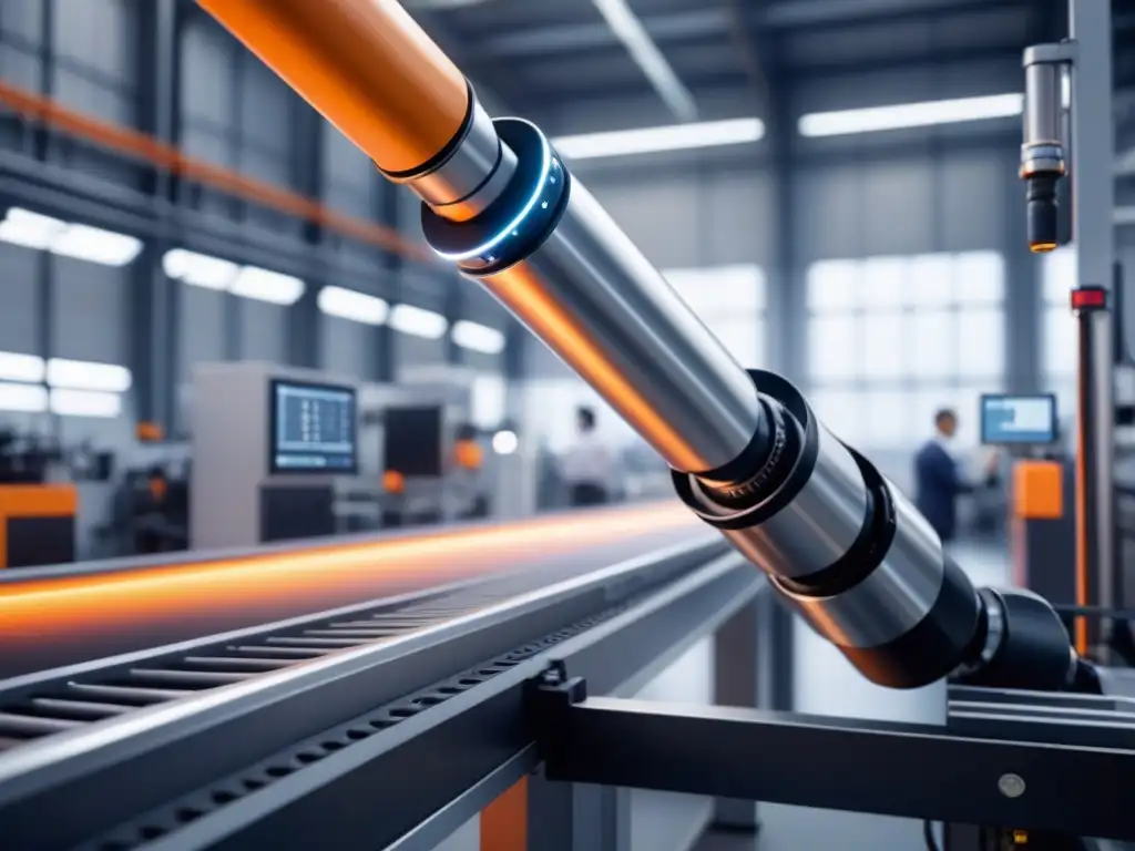 Manufactura inteligente con cobots y Big Data: Brazo de cobot en acción en una planta moderna, integrando IoT y automatización