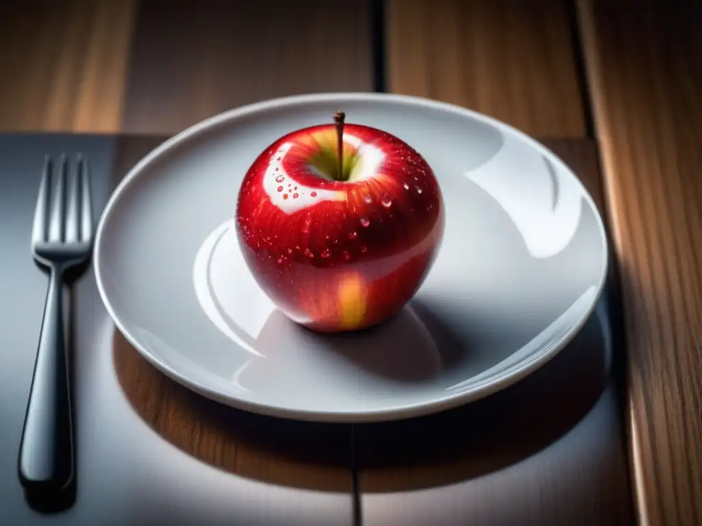 Una manzana roja vibrante sobre un plato blanco en una mesa de madera, simbolizando el storytelling en marketing de alimentos