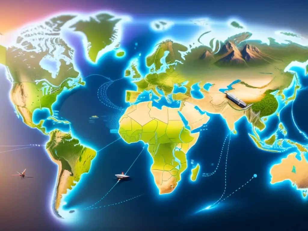 Mapa detallado de rutas comercio global con iconos de transporte en tonos azul y verde