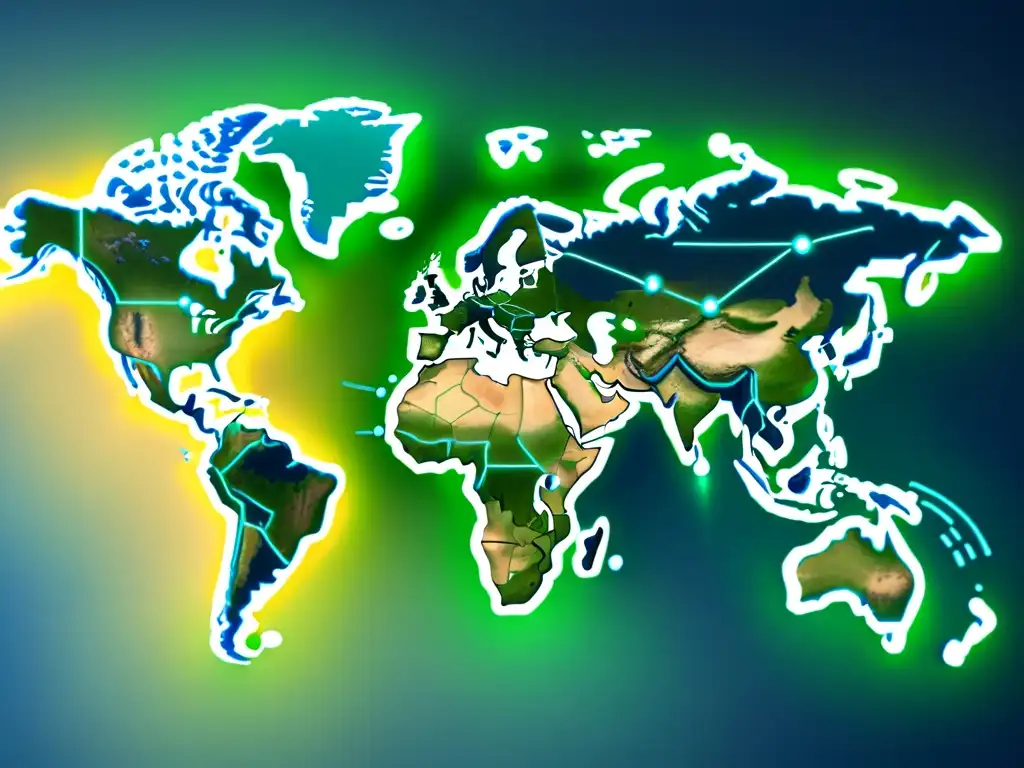 Mapa digital futurista de rutas logísticas globales, mostrando éxito en marketing de contenidos en logística en tonos azules y verdes