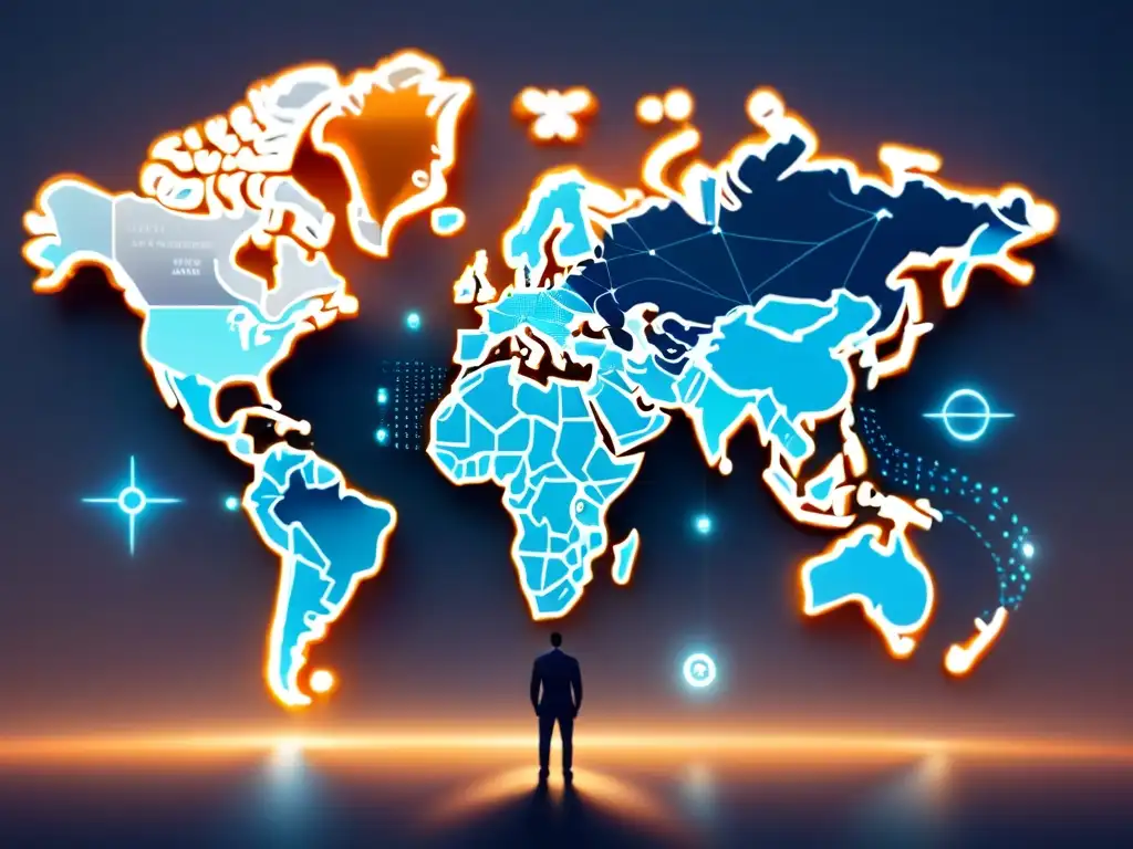 Mapa digital con nodos interconectados de criptomonedas y sistemas financieros globales, representando el futuro de las criptomonedas a nivel mundial