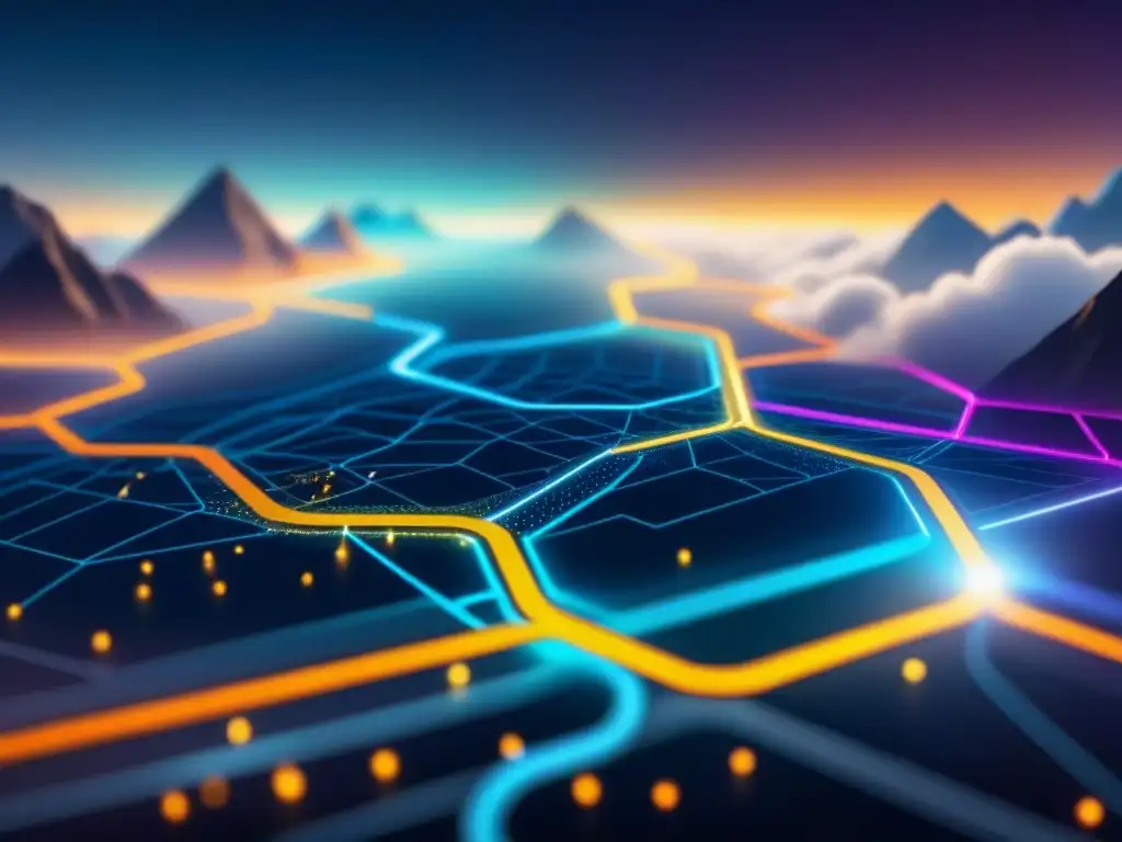 Un mapa futurista detallado para optimización de rutas en eCommerce, con colores vibrantes y avanzada tecnología