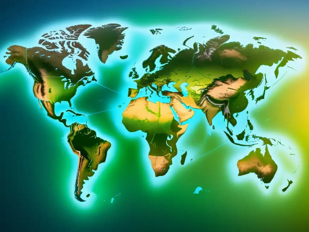 Un mapa global detallado muestra intrincados caminos verdes que conectan centros de producción de biocombustibles líderes en varios continentes