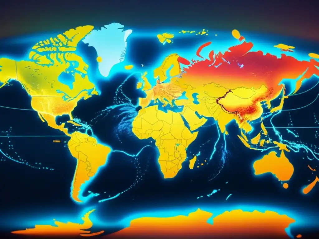 Un mapa global iluminado por flujos de datos durante la gestión de desastres, destacando el papel crucial del Big Data