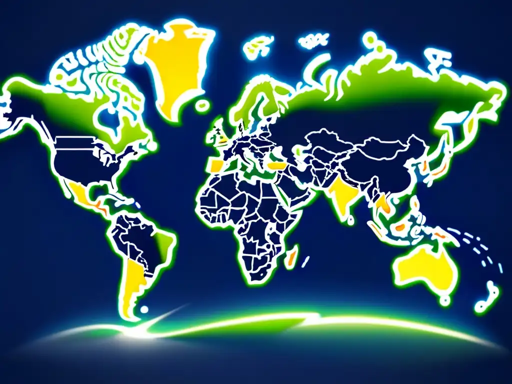 Mapa global de patentes tecnológicas con nodos interconectados, tonos azules, plateados y verdes futuristas