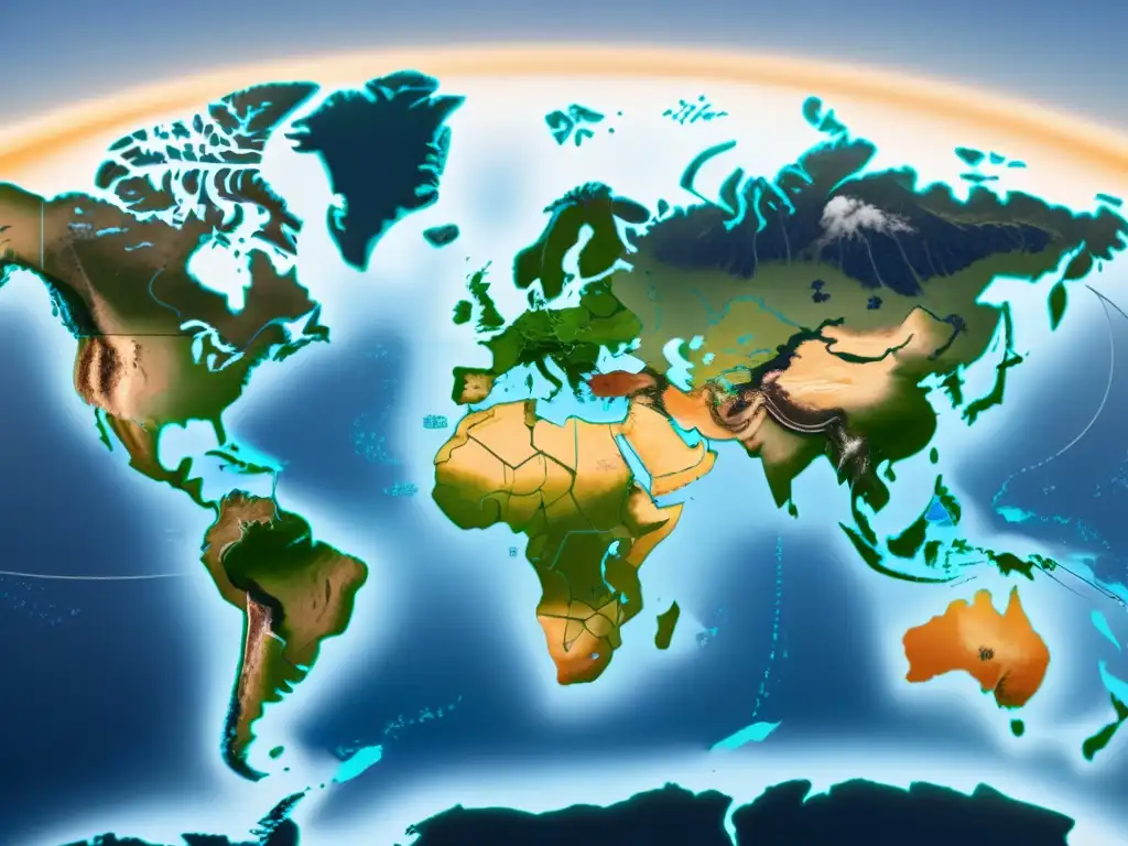 Mapa mundial detallado con fuentes de energía renovable interconectadas, simbolizando rutas comerciales energéticas