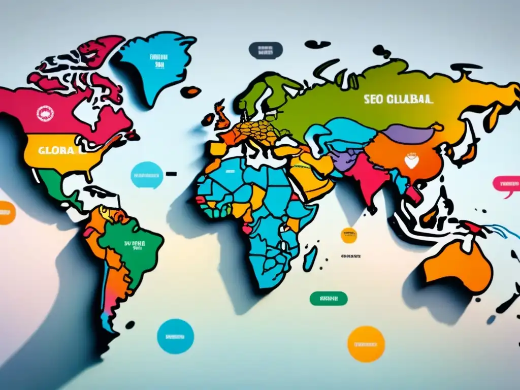 Mapa mundial detallado en 8k con globos de diálogo coloridos en distintos idiomas, representando estrategia SEO multilingüe para empresas industriales